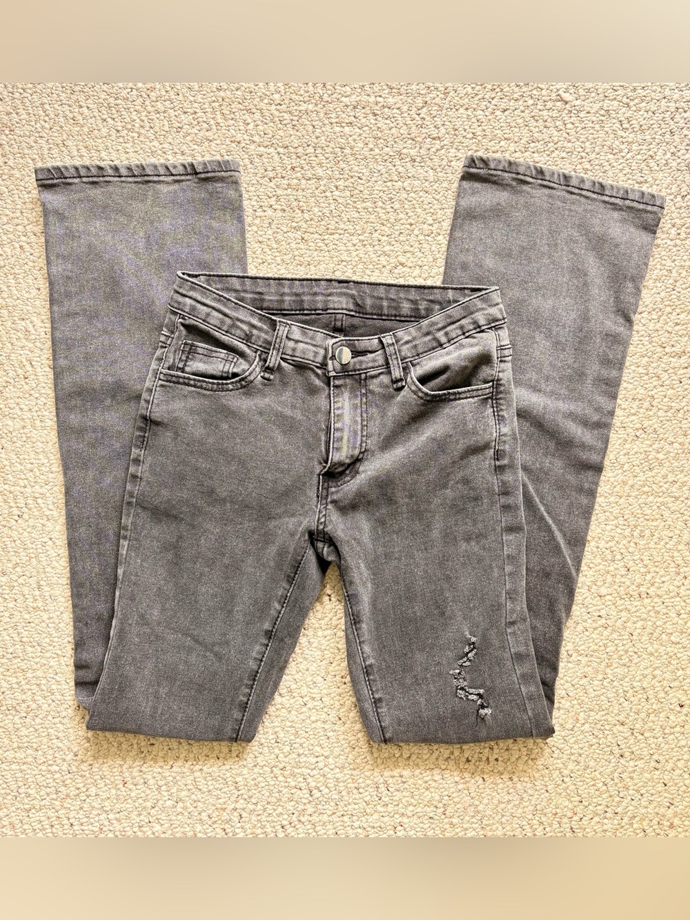 Gray Boot Cut Jeans with Subtle Distress